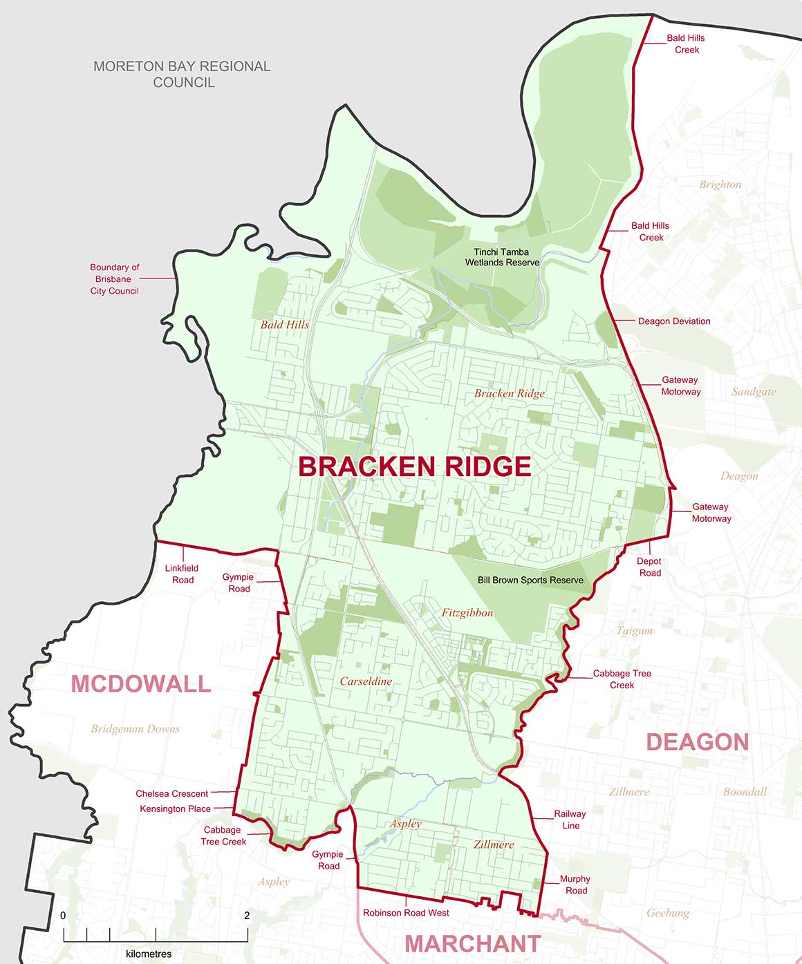 Map of Bracken Ridge Ward - incorporating Bracken Ridge, Bald Hills, Carseldine, Fitzgibbon, Aspley and Zillmere